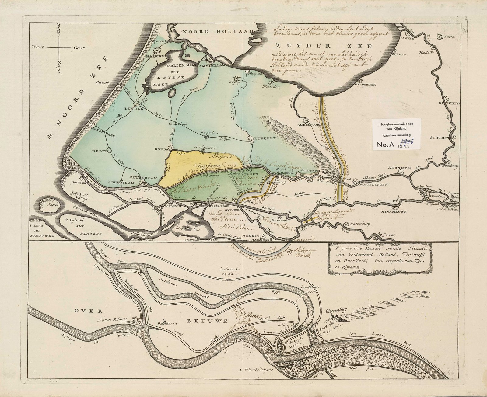 Figuratieve kaart vande situatie van Gelderland, Holland, Uytrecht en Over Yzel, ten regarde van zee, en rivieren, Melchior Bolstra in 1744