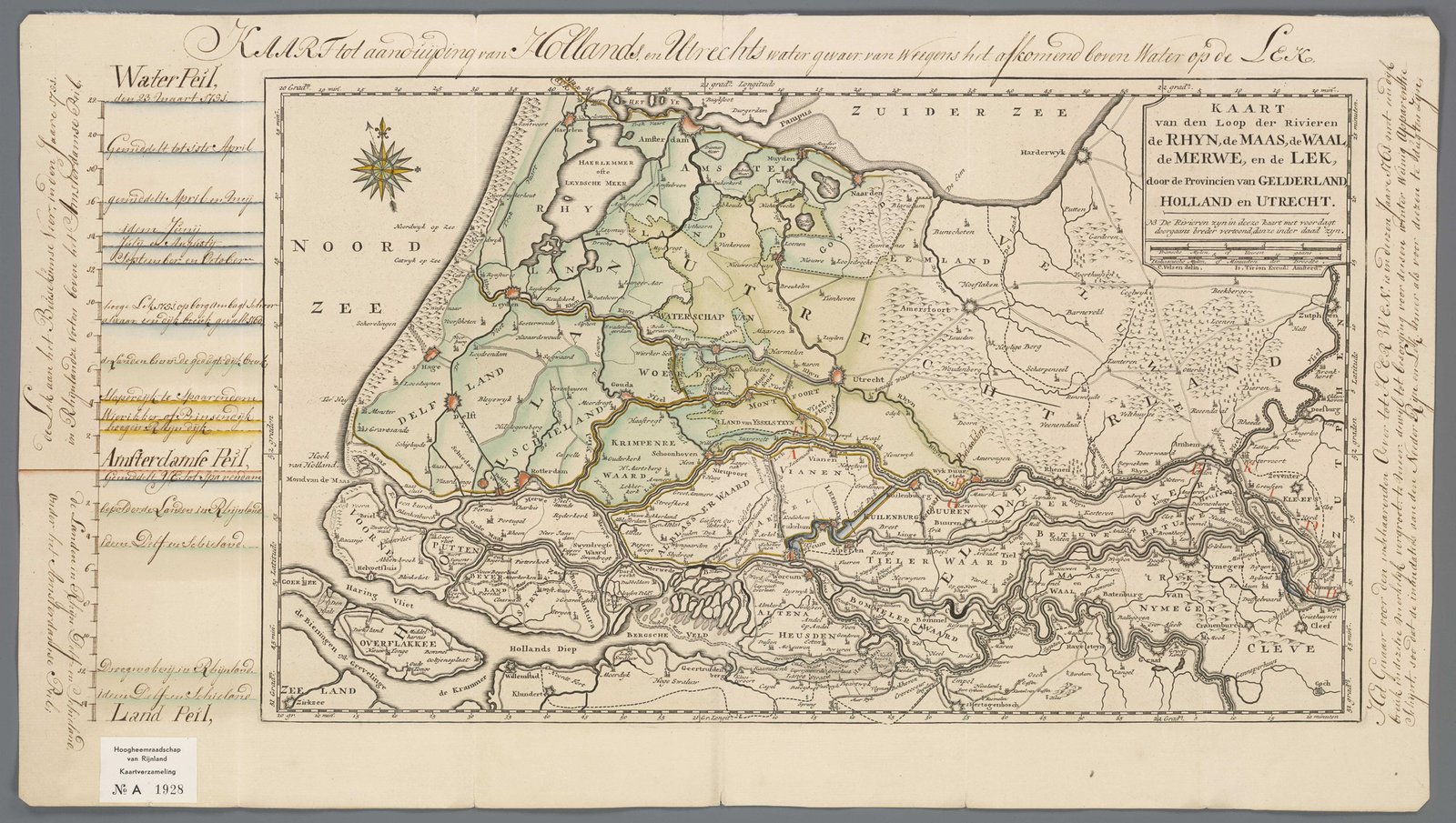 Kaart van den loop der rivieren de Rhyn, de Maas, de Waal, de Merwe, en de Lek, door de provincien van Gelderland, Holland en Utrecht