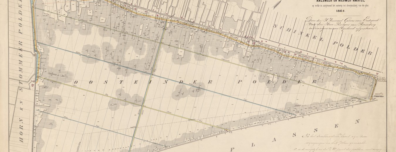 Kaart van den Oosteinder-poel gelegen in de gemeenten Aalsmeer en Nieuwer-Amstel, op welke is aangetoond het ontwerp tot droogmaking van die plas, H.P. Eskes, 1864