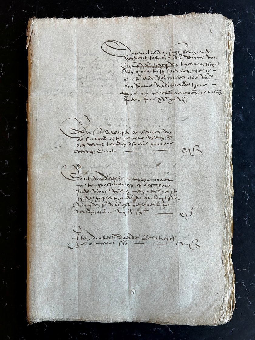 Voorpagina van de declaraties van secretaris Dirk van Egmond, 1597.