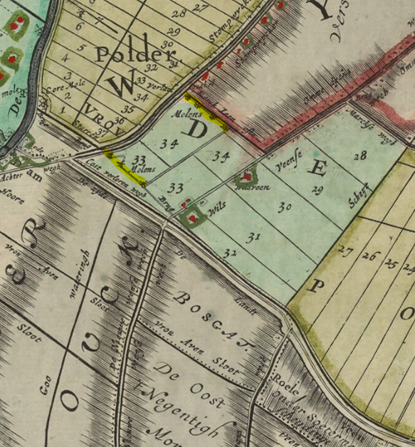 angs de Kerklaan al lang was gesloopt.  Afbeelding 6: fragment uit de overzichtskaart van Bolstra (A-0018) waarop de molens van de Driemanspolder zijn afgebeeld