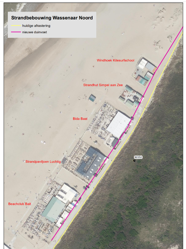 Op deze afbeelding is zichtbaar waar de zone van duinaangroei in Wassenaar zich bevindt. Dit is een strook langs de huidige duinvoet.