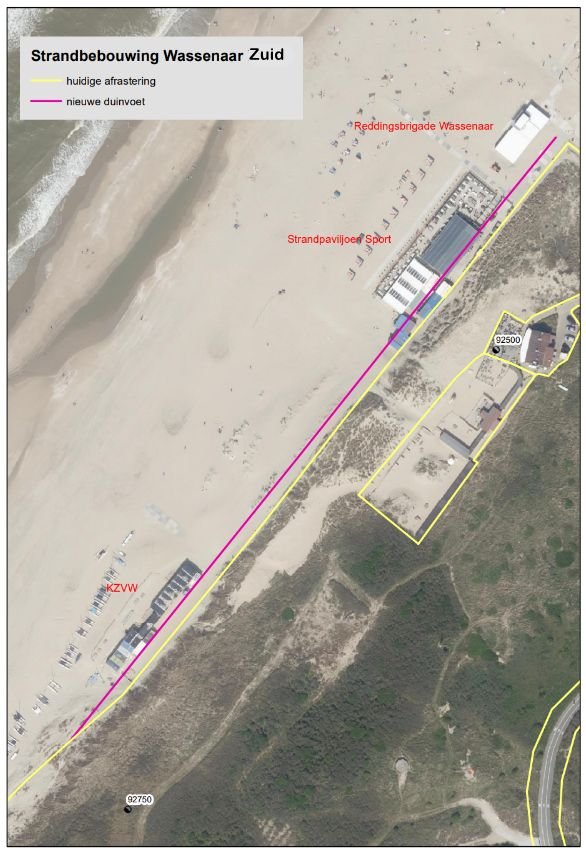 Op deze afbeelding is zichtbaar waar de zone van duinaangroei in Wassenaar zich bevindt. Dit is een strook langs de huidige duinvoet.